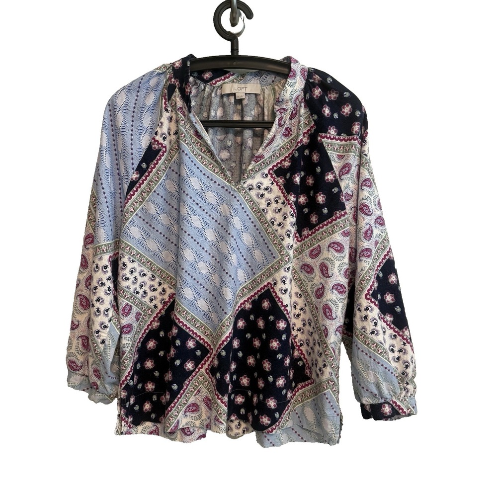 LOFT Boho Patchwork Linen Blouse M Cottagecore Peasant Casual Urban Chic Career